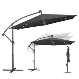 SONGMICS Sonnenschirm mit LED-Solar-Beleuchtung, Ampelschirm 350 cm d, 32 LED-Lämpchen, mit Ständer, Sonnenschutz Balkon, Balkonschirm, UPF 50 , mit Kurbel, Terrasse, Garten, grau GPU119GZ01