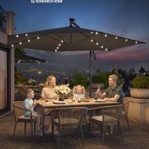 Alternative view of SONGMICS Sonnenschirm mit LED-Solar-Beleuchtung, Ampelschirm 350 cm d, 32 LED-Lämpchen, mit Ständer, Sonnenschutz Balkon, Balkonschirm, UPF 50 , mit Kurbel, Terrasse, Garten, grau GPU119GZ01