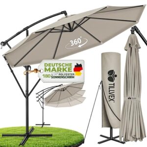 tillvex Alu Sonnenschirm Abdeckung Ø 300 cm mit Kurbel | Ampelschirm mit Ständer & Windschutz | Gartenschirm UV-Schutz Aluminium | Kurbelschirm wasserdicht 360° drehbar (Taupe, 300 cm)