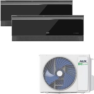 A AUX Klimaanlage Set 27000 BTU (7,9 kW) - Außengerät 2× 12000 BTU Wandgerät mit WLAN - R32 Kältemittel - Hochglanz Schwarz - leise Multi Split für 2 Räume - smart & anschlussfertig