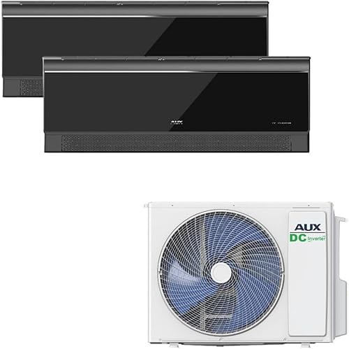 A AUX Klimaanlage Set 27000 BTU (7,9 kW) - Außengerät 2× 12000 BTU Wandgerät mit WLAN - R32 Kältemittel - Hochglanz Schwarz - leise Multi Split für 2 Räume - smart & anschlussfertig