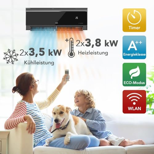 A AUX Klimaanlage Set 27000 BTU (7,9 kW) - Außengerät 2× 12000 BTU Wandgerät mit WLAN - R32 Kältemittel - Hochglanz Schwarz - leise Multi Split für 2 Räume - smart & anschlussfertig – Bild 9