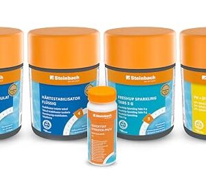 Steinbach Poolpflege Whirlpoolset All-in-One - 0759008TS - 5-teilig - Wasserpflege für Whirlpools - pH-Regulierung, Kalkschutz & Desinfektion - Inkl. Teststreifen - Für Private Whirlpools