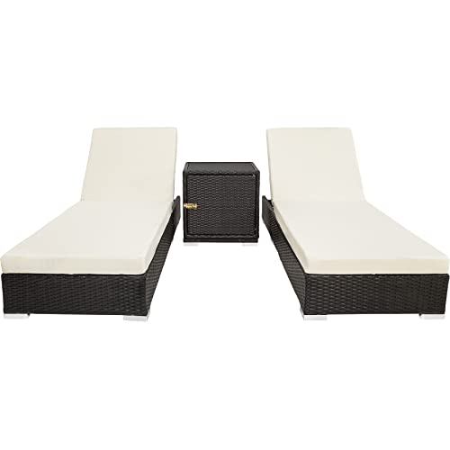 tectake® 2er Garten Lounge Sonnenliegen Set mit Tisch, Aluminium Gartenliege, Gartenlounge Outdoor, Relaxliege inkl. 2 Bezugsets und Schutzhülle, Outdoor Poly Rattan Gartenmöbel Set, 2er Set - schwarz – Bild 4