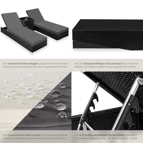 tectake® 2er Garten Lounge Sonnenliegen Set mit Tisch, Aluminium Gartenliege, Gartenlounge Outdoor, Relaxliege inkl. 2 Bezugsets und Schutzhülle, Outdoor Poly Rattan Gartenmöbel Set, 2er Set - schwarz – Bild 6