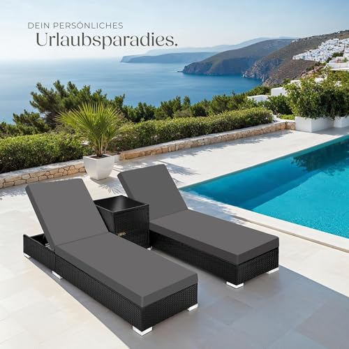 tectake® 2er Garten Lounge Sonnenliegen Set mit Tisch, Aluminium Gartenliege, Gartenlounge Outdoor, Relaxliege inkl. 2 Bezugsets und Schutzhülle, Outdoor Poly Rattan Gartenmöbel Set, 2er Set - schwarz – Bild 9