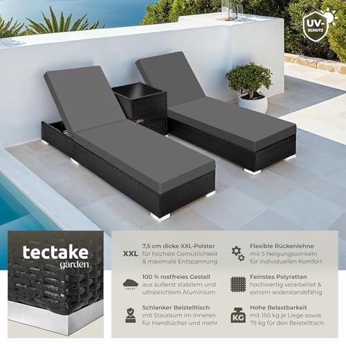 tectake® 2er Garten Lounge Sonnenliegen Set mit Tisch, Aluminium Gartenliege, Gartenlounge Outdoor, Relaxliege inkl. 2 Bezugsets und Schutzhülle, Outdoor Poly Rattan Gartenmöbel Set, 2er Set - schwarz – Bild 2