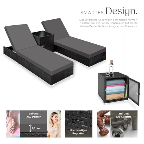 tectake® 2er Garten Lounge Sonnenliegen Set mit Tisch, Aluminium Gartenliege, Gartenlounge Outdoor, Relaxliege inkl. 2 Bezugsets und Schutzhülle, Outdoor Poly Rattan Gartenmöbel Set, 2er Set - schwarz – Bild 3