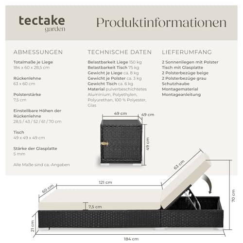 tectake® 2er Garten Lounge Sonnenliegen Set mit Tisch, Aluminium Gartenliege, Gartenlounge Outdoor, Relaxliege inkl. 2 Bezugsets und Schutzhülle, Outdoor Poly Rattan Gartenmöbel Set, 2er Set - schwarz – Bild 7