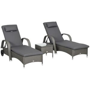 Outsunny Sonnenliege Gartenliege Tisch 3er-Set Gartenmöbel, Polyrattan Metall Grau Dunkelgrau