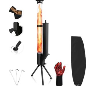 Holzpelletofen für den Außenbereich, 160 cm, mit Safe-Guard-Kit (Handschuh, Abdeckung, Erdspieße), rauchfreie Spiralflamme, Terrassenstrahler mit Schnelllöschbarriere für Hinterhof, Garten, Terrasse