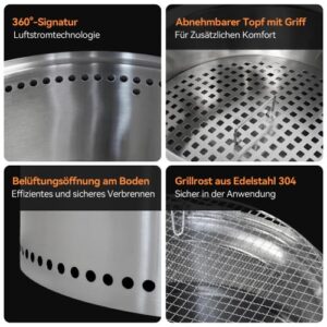 Alternative view of Feuerschale Edelstahl für Garten & Terrasse, raucharme Feuerstelle mit Aschefach, tragbarer Feuerkorb mit Grillrost, ideal für Camping, Outdoor BBQ & Gartenfeuer, 50 x 50 x 40 cm