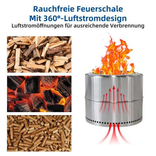 Feuerschale Edelstahl für Garten & Terrasse, raucharme Feuerstelle mit Aschefach, tragbarer Feuerkorb mit Grillrost, ideal für Camping, Outdoor BBQ & Gartenfeuer, 50 x 50 x 40 cm – Bild 3