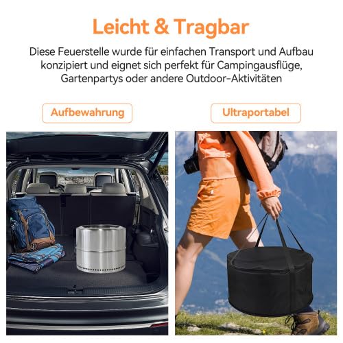Feuerschale Edelstahl für Garten & Terrasse, raucharme Feuerstelle mit Aschefach, tragbarer Feuerkorb mit Grillrost, ideal für Camping, Outdoor BBQ & Gartenfeuer, 50 x 50 x 40 cm – Bild 4