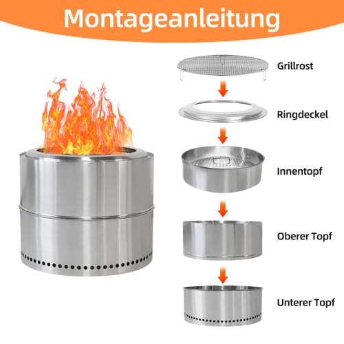Feuerschale Edelstahl für Garten & Terrasse, raucharme Feuerstelle mit Aschefach, tragbarer Feuerkorb mit Grillrost, ideal für Camping, Outdoor BBQ & Gartenfeuer, 50 x 50 x 40 cm – Bild 5