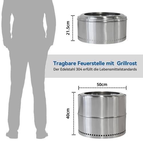 Feuerschale Edelstahl für Garten & Terrasse, raucharme Feuerstelle mit Aschefach, tragbarer Feuerkorb mit Grillrost, ideal für Camping, Outdoor BBQ & Gartenfeuer, 50 x 50 x 40 cm – Bild 7