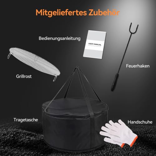 Feuerschale Edelstahl für Garten & Terrasse, raucharme Feuerstelle mit Aschefach, tragbarer Feuerkorb mit Grillrost, ideal für Camping, Outdoor BBQ & Gartenfeuer, 50 x 50 x 40 cm – Bild 8