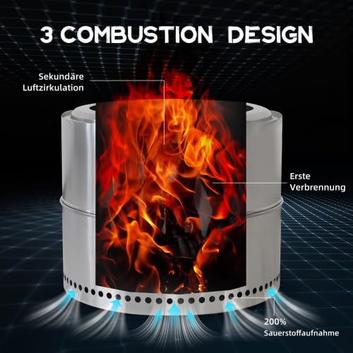 Feuerschale Edelstahl für Garten & Terrasse, raucharme Feuerstelle mit Aschefach, tragbarer Feuerkorb mit Grillrost, ideal für Camping, Outdoor BBQ & Gartenfeuer, 50 x 50 x 40 cm – Bild 9