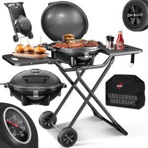 KESSER® elektrischer Elektrogrill 2in1 Tischgrill & Standgrill mit Deckel & Standfuß, 2400 Watt, Thermostat, Antihaftbeschichtung, Abstelltische Abdeckung, Balkon Grill für drinnen & draußen