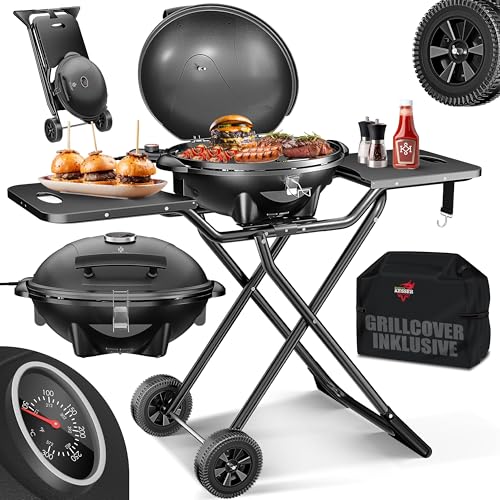KESSER® elektrischer Elektrogrill 2in1 Tischgrill & Standgrill mit Deckel & Standfuß, 2400 Watt, Thermostat, Antihaftbeschichtung, Abstelltische Abdeckung, Balkon Grill für drinnen & draußen