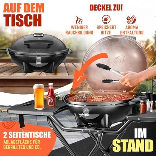KESSER® elektrischer Elektrogrill 2in1 Tischgrill & Standgrill mit Deckel & Standfuß, 2400 Watt, Thermostat, Antihaftbeschichtung, Abstelltische Abdeckung, Balkon Grill für drinnen & draußen – Bild 4
