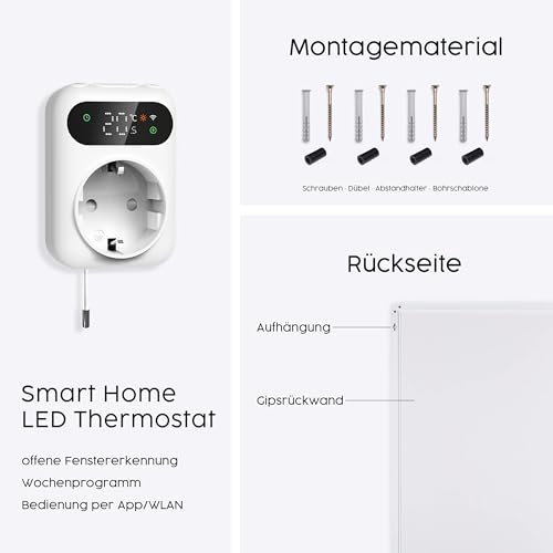 Könighaus Infrarotheizung - 1000 Watt mit TÜV SÜD 5 Jahre Herstellergarantie ✓ Doppelter Überhitzungsschutz ✓ Für Wandmontage ✓ inkl. Smart LED Thermostat und App – Bild 6