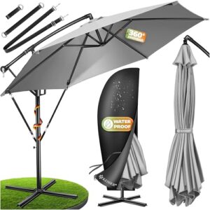 KESSER® Sonnenschirm Ø 350 cm, Ampelschirm mit Kurbel, für Balkon, Terrasse & Garten, Sonnenschutz, Gestell & Ständer aus Alu, UV-Schutz, wasserdicht Windfest, 360° Funktion Schutzhülle, Hellgrau