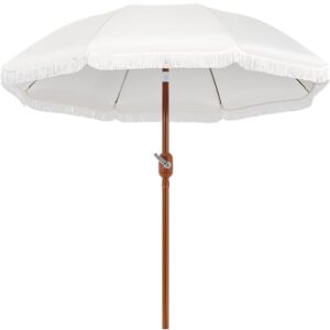 Yaheetech Romantischer Quasten Sonnenschirm Ø 242 cm Klappbarer Gartenschirm 8-Glasfaserrippen-Schirm mit Fransen Kurbelschirm Schirm Sonnenschutz Terrassenschirm, UV-Schutz, ohne Ständer, Cremeweiß