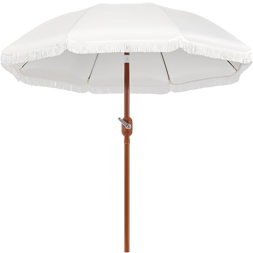 Yaheetech Romantischer Quasten Sonnenschirm Ø 242 cm Klappbarer Gartenschirm 8-Glasfaserrippen-Schirm mit Fransen Kurbelschirm Schirm Sonnenschutz Terrassenschirm, UV-Schutz, ohne Ständer, Cremeweiß