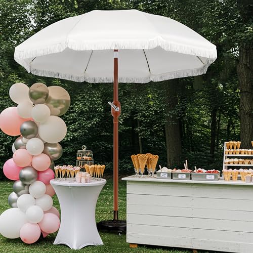 Yaheetech Romantischer Quasten Sonnenschirm Ø 242 cm Klappbarer Gartenschirm 8-Glasfaserrippen-Schirm mit Fransen Kurbelschirm Schirm Sonnenschutz Terrassenschirm, UV-Schutz, ohne Ständer, Cremeweiß – Bild 2