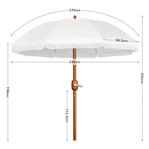 Yaheetech Romantischer Quasten Sonnenschirm Ø 242 cm Klappbarer Gartenschirm 8-Glasfaserrippen-Schirm mit Fransen Kurbelschirm Schirm Sonnenschutz Terrassenschirm, UV-Schutz, ohne Ständer, Cremeweiß – Bild 3