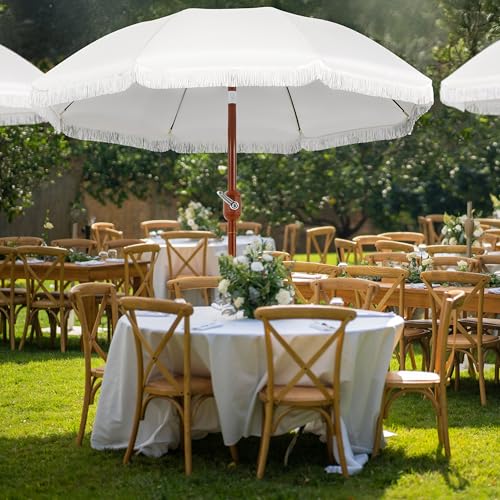 Yaheetech Romantischer Quasten Sonnenschirm Ø 242 cm Klappbarer Gartenschirm 8-Glasfaserrippen-Schirm mit Fransen Kurbelschirm Schirm Sonnenschutz Terrassenschirm, UV-Schutz, ohne Ständer, Cremeweiß – Bild 5