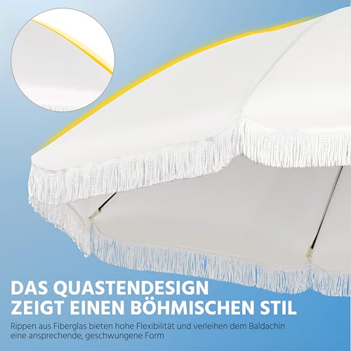 Yaheetech Romantischer Quasten Sonnenschirm Ø 242 cm Klappbarer Gartenschirm 8-Glasfaserrippen-Schirm mit Fransen Kurbelschirm Schirm Sonnenschutz Terrassenschirm, UV-Schutz, ohne Ständer, Cremeweiß – Bild 8