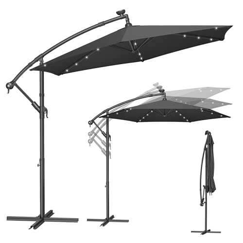 SONGMICS Sonnenschirm mit LED-Solar-Beleuchtung, Ampelschirm 300 cm d, 32 LED-Lämpchen, mit Ständer, Sonnenschutz Balkon, Balkonschirm, UPF 50 , mit Kurbel, Terrasse, Garten, grau GPU118G01