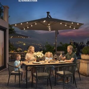 Alternative view of SONGMICS Sonnenschirm mit LED-Solar-Beleuchtung, Ampelschirm 300 cm d, 32 LED-Lämpchen, mit Ständer, Sonnenschutz Balkon, Balkonschirm, UPF 50 , mit Kurbel, Terrasse, Garten, grau GPU118G01