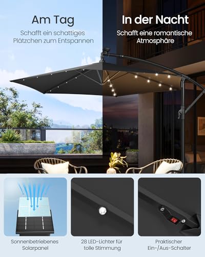 SONGMICS Sonnenschirm mit LED-Solar-Beleuchtung, Ampelschirm 300 cm d, 32 LED-Lämpchen, mit Ständer, Sonnenschutz Balkon, Balkonschirm, UPF 50 , mit Kurbel, Terrasse, Garten, grau GPU118G01 – Bild 3