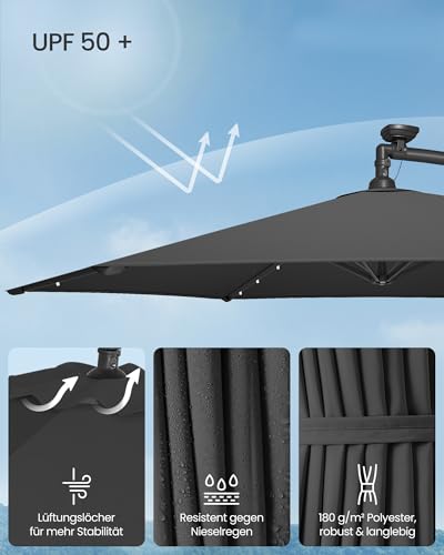 SONGMICS Sonnenschirm mit LED-Solar-Beleuchtung, Ampelschirm 300 cm d, 32 LED-Lämpchen, mit Ständer, Sonnenschutz Balkon, Balkonschirm, UPF 50 , mit Kurbel, Terrasse, Garten, grau GPU118G01 – Bild 4