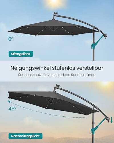 SONGMICS Sonnenschirm mit LED-Solar-Beleuchtung, Ampelschirm 300 cm d, 32 LED-Lämpchen, mit Ständer, Sonnenschutz Balkon, Balkonschirm, UPF 50 , mit Kurbel, Terrasse, Garten, grau GPU118G01 – Bild 5