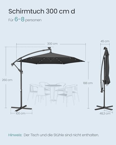 SONGMICS Sonnenschirm mit LED-Solar-Beleuchtung, Ampelschirm 300 cm d, 32 LED-Lämpchen, mit Ständer, Sonnenschutz Balkon, Balkonschirm, UPF 50 , mit Kurbel, Terrasse, Garten, grau GPU118G01 – Bild 6