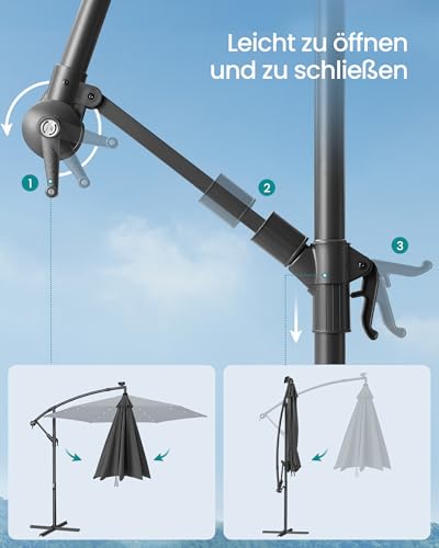 SONGMICS Sonnenschirm mit LED-Solar-Beleuchtung, Ampelschirm 300 cm d, 32 LED-Lämpchen, mit Ständer, Sonnenschutz Balkon, Balkonschirm, UPF 50 , mit Kurbel, Terrasse, Garten, grau GPU118G01 – Bild 7