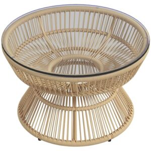 Outsunny Runder Garten-Couchtisch, Beistelltisch aus Harz in Rattan-Optik und Hartglasplatte Ø60 x 37H cm