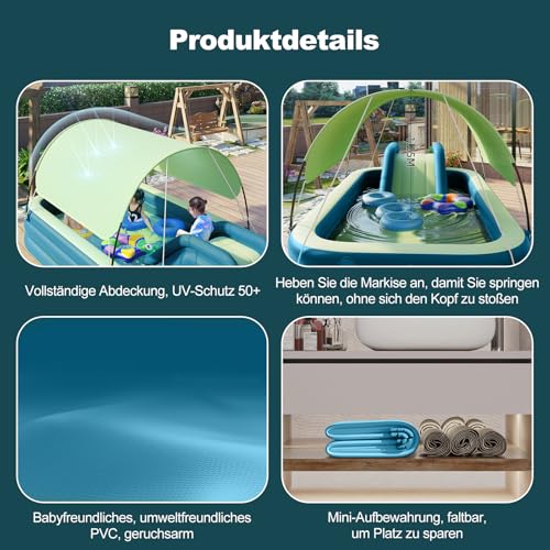 Ergocar Aufblasbarer Pool, Aufblasbarer Kinderpool mit Rutsche, Aufblasbares Planschbecken für Kinder mit Markise, Family Pool Schwimmbecken für Kleinkinder Outdoor, Garten, Hinterhof – Bild 6
