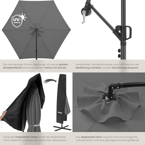TecTake® Ampelschirm, Ø 350 cm, wetterfest, 360° drehbar, mit Kurbelmechanismus, Doppeldach und Schutzhülle, Freiarmschirm, Seitenschirm, Hängeschirm, Sonnenschirm, Parasol - grau – Bild 5