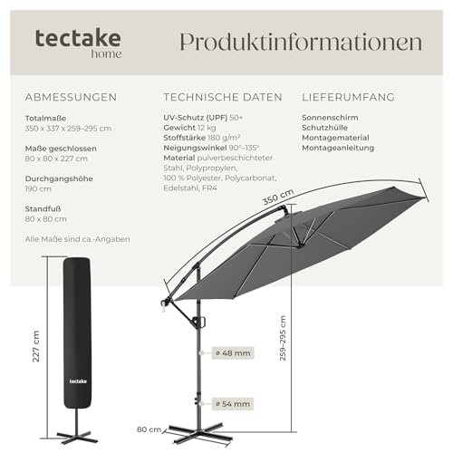 TecTake® Ampelschirm, Ø 350 cm, wetterfest, 360° drehbar, mit Kurbelmechanismus, Doppeldach und Schutzhülle, Freiarmschirm, Seitenschirm, Hängeschirm, Sonnenschirm, Parasol - grau – Bild 6