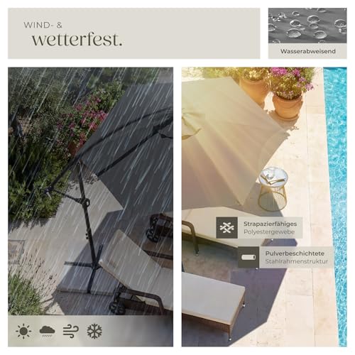 TecTake® Ampelschirm, Ø 350 cm, wetterfest, 360° drehbar, mit Kurbelmechanismus, Doppeldach und Schutzhülle, Freiarmschirm, Seitenschirm, Hängeschirm, Sonnenschirm, Parasol - grau – Bild 7