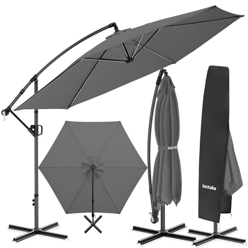 TecTake® Ampelschirm, Ø 350 cm, wetterfest, 360° drehbar, mit Kurbelmechanismus, Doppeldach und Schutzhülle, Freiarmschirm, Seitenschirm, Hängeschirm, Sonnenschirm, Parasol - grau