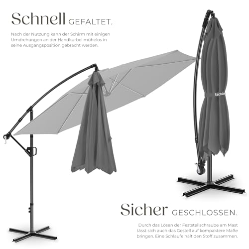 TecTake® Ampelschirm, Ø 350 cm, wetterfest, 360° drehbar, mit Kurbelmechanismus, Doppeldach und Schutzhülle, Freiarmschirm, Seitenschirm, Hängeschirm, Sonnenschirm, Parasol - grau – Bild 3
