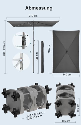 4smile SunnyShade Sonnenschirm Balkon mit Halterung im 3-er-Set, UV 50 , 210x140 cm, Anthrazit, Sonnenschirm rechteckig, Sonnenschutz Balkon, Balkonschirm mit Sonnenschirmhalter, für Balkongeländer – Bild 6