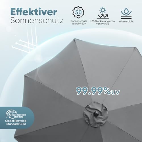Sekey Sonnenschirm 300 cm mit Kurbel, Gartenschirm wasserabweisend, Balkonschirm UV-Schutz bis UPF 50 , Terrassenschirm neigbar & 8 Streben für Garten, Balkon & Terrasse, Grau – Bild 3