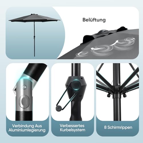 Sekey Sonnenschirm 300 cm mit Kurbel, Gartenschirm wasserabweisend, Balkonschirm UV-Schutz bis UPF 50 , Terrassenschirm neigbar & 8 Streben für Garten, Balkon & Terrasse, Grau – Bild 4